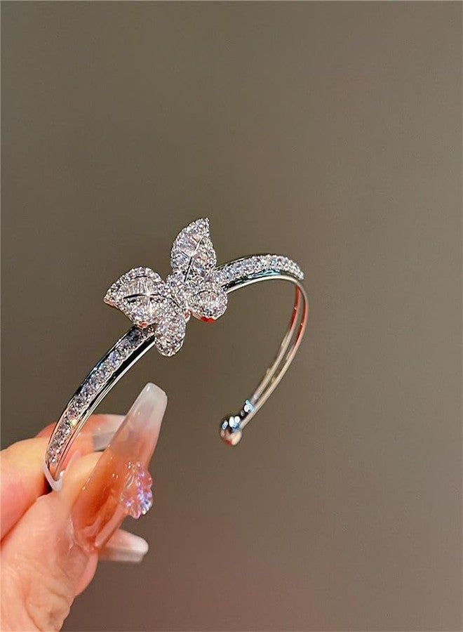 Cykdohy Sparkly Rhinestones Butterfly Open Layered Bangle Bracelet for Women Cubic Zirconia Fashion Dainty Double Layer Crystal Adjustable Wrap Cuff Bracelets Wrist Hand Jewelry Prom Party Gift for Her (Silver) - Image 3